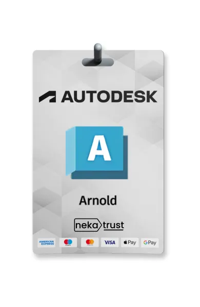 Autodesk Arnold render engine lisans kart görseli, koyu zemin üzerinde fotorealist render örneğiyle