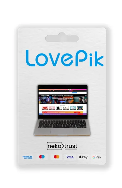 Lovepik Premium hesap kart görseli, kırmızı kalp logosu ve görsel koleksiyon mozaiğiyle