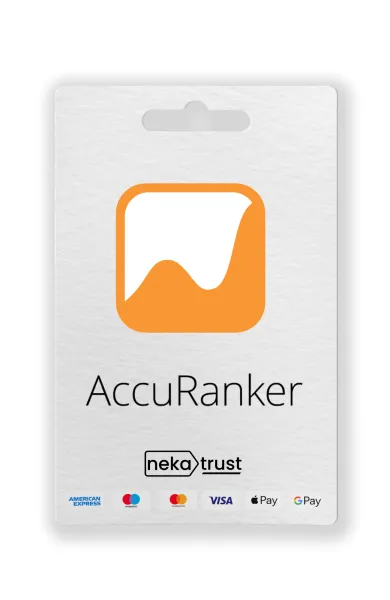 AccuRanker premium hesap kart görseli, mor grafik ve sıralama oklarıyla