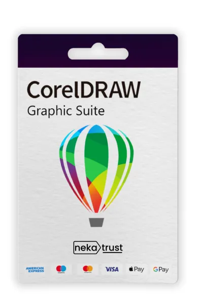 CorelDRAW Graphics Suite lisans kart görseli, çoklu uygulama logoları mozaiğiyle