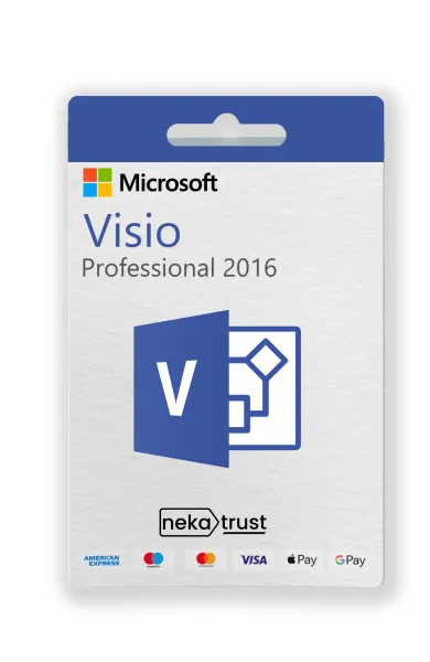 Microsoft Visio 2016 Professional lisans kutu görseli, mor Visio logosuyla