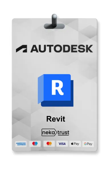 Autodesk Revit lisans kart görseli, mavi-yeşil BIM modelleme grafik tasarımıyla