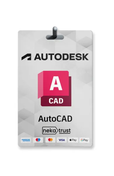 Autodesk AutoCAD lisans kart görseli, kırmızı AutoCAD logosu ve CAD çizim ikonuyla