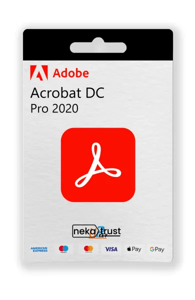 Adobe Acrobat Pro 2020 lisans kapak görseli, kırmızı Acrobat logo ve PDF ikonuyla