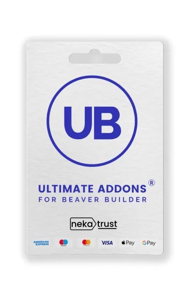 Ultimate Addons for Beaver Builder eklentisi lisans kart görseli, mavi BB logosu ve modül grafiğiyle