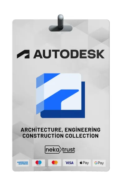 Autodesk AEC Collection lisans kart görseli, mimari ve inşaat ikonları koleksiyonuyla