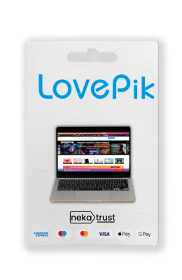 Lovepik Premium hesap kart görseli, kırmızı kalp logosu ve görsel koleksiyon mozaiğiyle