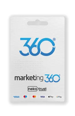 Marketing 360 14 günlük hesap kart görseli, mavi 360 logosu ve dashboard grafiğiyle